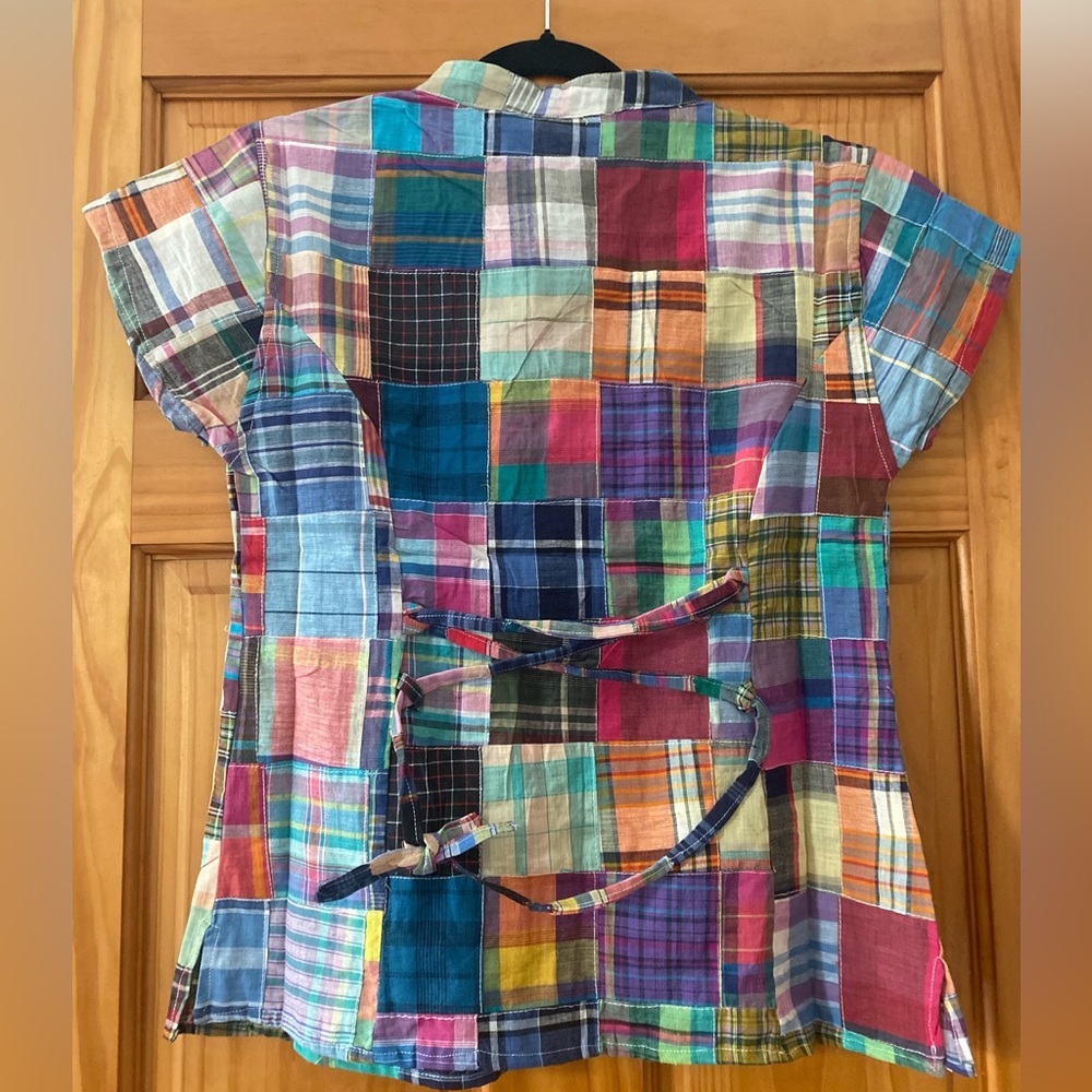 Vintage 80s Rosettes Madras Patchwork Blouse Tie Back Cotton Cottagecore Top S - Picture 3 of 12